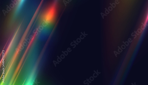 Diagonal prism light streaks with rainbow dispersion on dark background. Abstract refraction glow texture for digital design, holographic overlays and visual backdrops.

