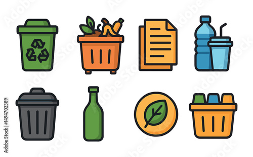 Environmental and recycling flat icons set – waste management, eco-friendly design