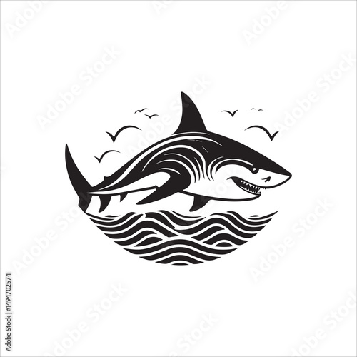 Dynamic Shark and Ocean Waves Vector Design: Black and White Marine Life Graphic with Seagulls, Perfect for Logos and Coastal Themes