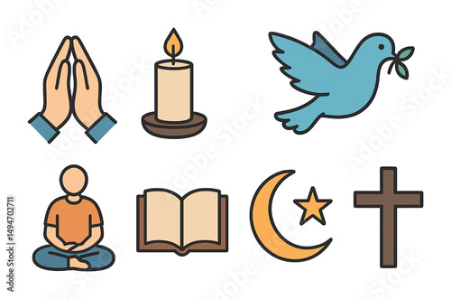 Spirituality and religion outline icons set – linear, sacred, faith symbols collection
