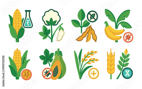 Genetically modified food flat icons set – agriculture, biotech, gmo symbols