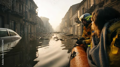 Rescue Team Swiftly Navigating the Flooded Streets in the Early Dawn Light