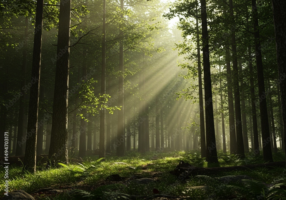Fototapeta premium Sunlight Streaming Through Dense Forest Creating a Magical Scene