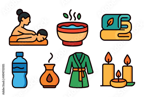 Spa and relaxation outline icons set – linear, wellness, massage and therapy symbols