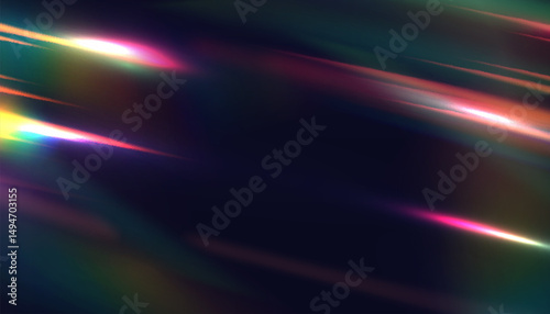 Diagonal prism light streaks with rainbow dispersion on dark background. Abstract refraction glow texture for digital design, holographic overlays and visual backdrops.

