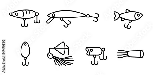 Fishing equipment line icons set – silhouette, outline, angling and bait symbols