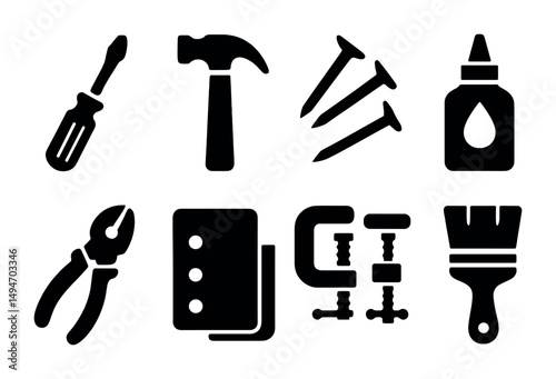 Handyman tools silhouette icons set – flat, filled, construction and diy symbols