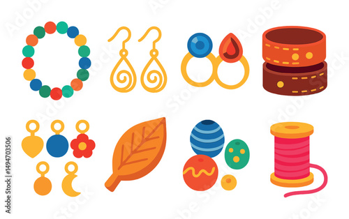 Jewelry and accessories flat icons set – gemstones, beads, fashion elements