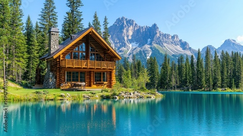 Fototapeta Naklejka Na Ścianę i Meble -  Lakeside log cabin nestled in alpine scenery