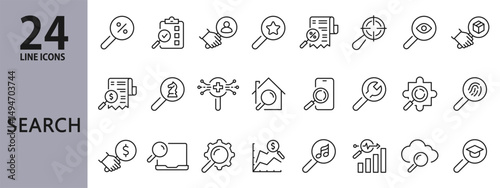 Search line icons set with Magnifying, Find, Magnify, Explore, Research, Focus, Inspect and more. Editable Stroke