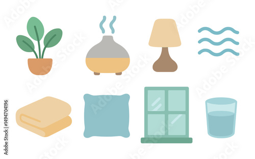Home comforts icons set – flat, outline, cozy and interior design symbols