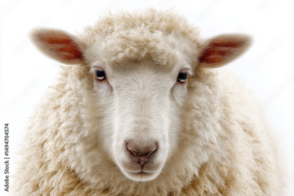 Fototapeta premium Close-up portrait of soft white wool sheep facing camera on white background. Livestock identity, fleece production, and rural agriculture concept