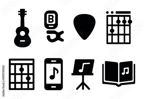 Music and guitar icons set – solid, filled, instruments and chord symbols