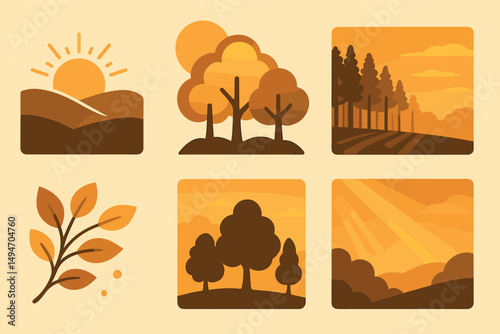Nature and landscape silhouette icons set – flat, outline, scenery symbols