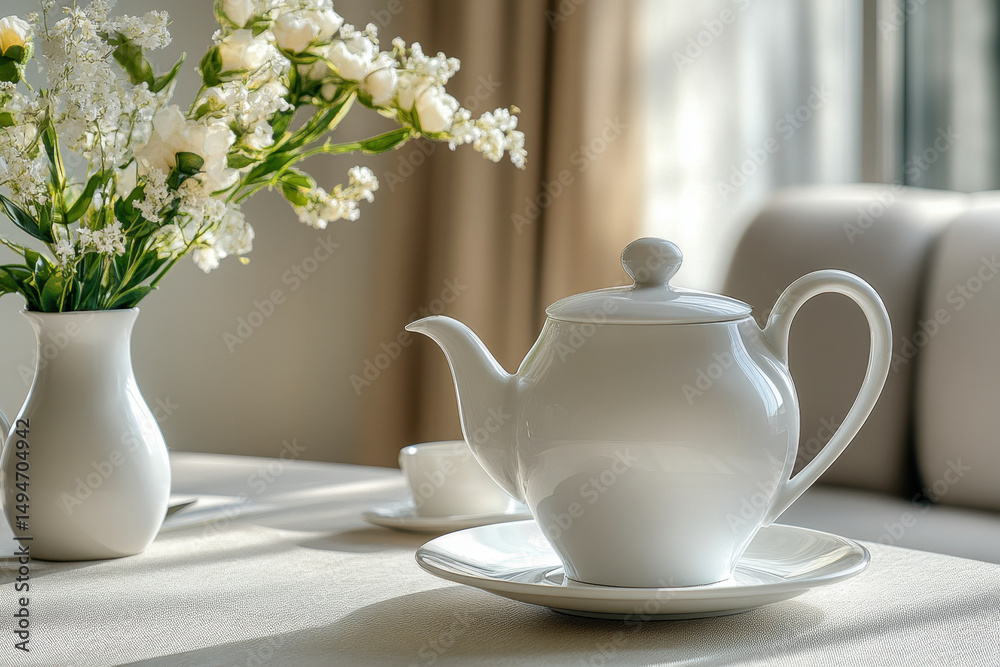 White teapot and teacup on table. White teapot and teacup on table.