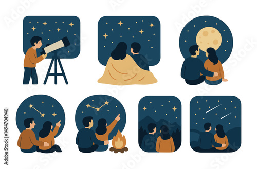 Stargazing couple flat icons set – romantic, night sky observation symbols
