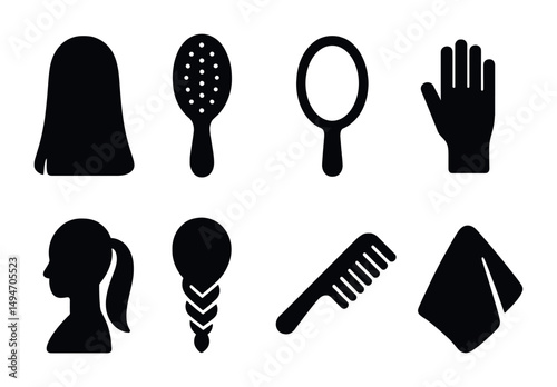 Hair salon silhouette icons set – solid, filled, hairstyling and grooming symbols