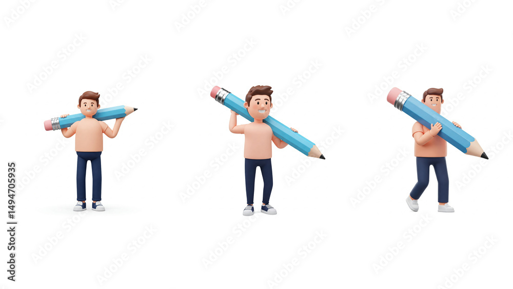 Fototapeta premium Set of 3D Man with Pencil Generating Ideas