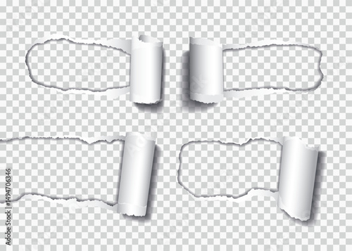 Vector set of realistic holes torn in paper with rolled edge and shadows on transparent background