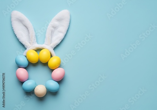 Pastel Easter Eggs Circle with Bunny Ears Headband on Blue Background