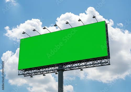 Large Green Billboard Mockup Against a Blue Sky with Clouds