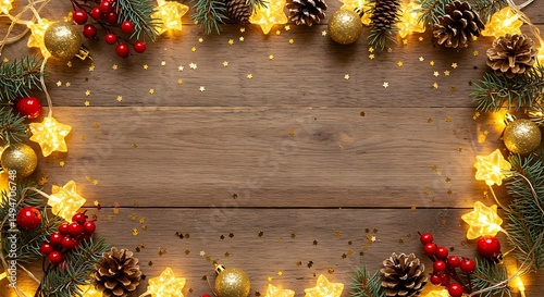Rustic Christmas Background with Star Lights Pine Cones and Berries