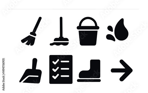Cleaning tools solid icons set – filled, household and sanitation symbols