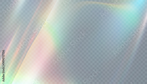 Transparent background with soft holographic light distortion and rainbow shimmer texture. Iridescent glow refraction effect for overlays, digital design, web and branding visuals.

