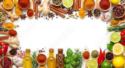 Vibrant Spices Herbs and Ingredients Border Frame on White