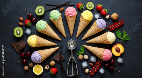 Assortment of Colorful Ice Cream Cones with Fresh Fruit and Nuts