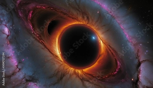 The galactic-scale black hole consumes a star, with colorful plasma stretching toward the center. The camera slowly zooms in