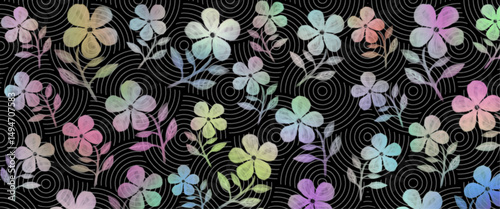 An illustration of rainbow-colored flowers, a background illustration with colorful flowers on a black background, a fantastical illustration of a flower field