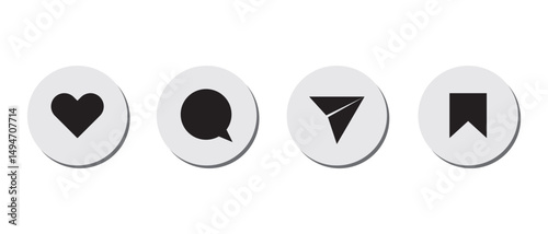 Set of generic social media user interface icons. Like, comment, share and save icons. Social media flat icons. Vector, flat outline icon isolated on white, 10 eps.