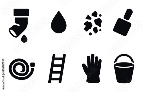 Plumbing and maintenance solid icons set – tools, equipment, repair symbols