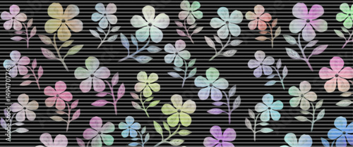 Rainbow-colored flowers, a background with colorful flowers on a black background, an illustration of striped borders and a fantastical flower field