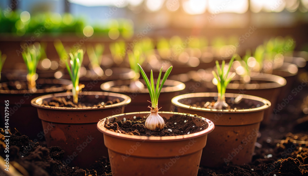 Organic gardening scene with garlic sprouts in small planters, rich brown soil and morning sunlight Organic gardening scene with garlic sprouts in small planters, rich brown soil and morning sunlight