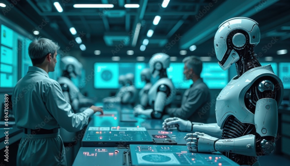 Fototapeta premium Human and Robot Team Collaborating on a Futuristic Control Panel