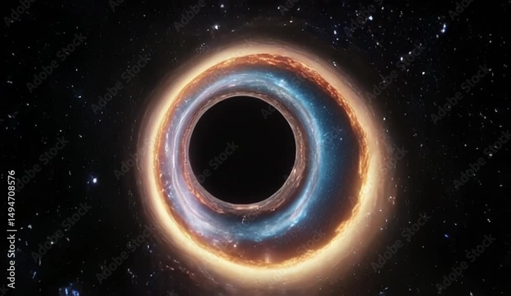 The wormhole tunnel near the black hole pulsates with intense light, causing the space around it to ripple and distort. Cosmic particles swirl and dance around the frame, adding a mesmerizing HDR glow