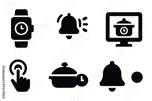 Time management solid icons set – silhouette, filled, productivity and scheduling