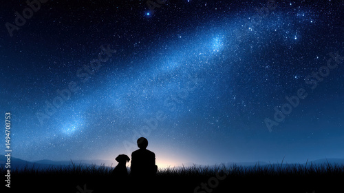 A silhouette of a man and his dog, sitting together on the grass under a starry sky at night