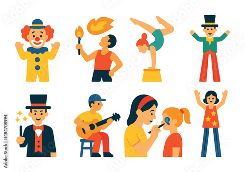 Circus performance flat icons set – entertainment, festival, show symbols