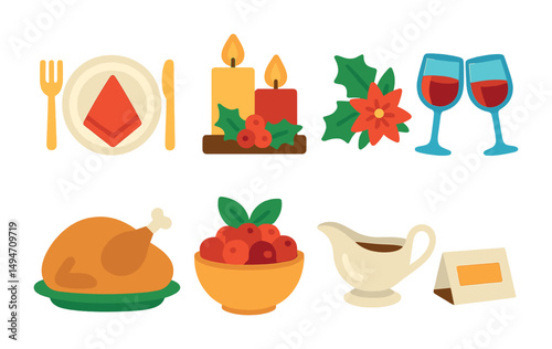 Holiday feast flat icons set – festive, dining, celebration themes for design