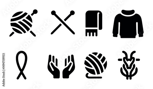 Knitting and yarn solid icons set – seamless, crafting, textile and diy symbols