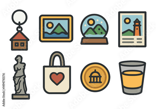 Travel and tourism icons set – flat, filled, vacation and sightseeing illustrations