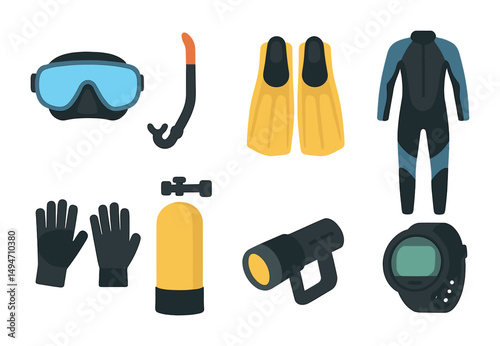 Diving and snorkeling flat icons set – filled, aquatic gear and ocean exploration symbols