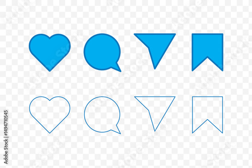 Icons like comment, share, save, like media button. Outline icon heart arrow direct message interface message minimalist