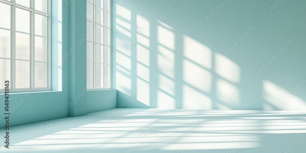 Obraz premium Modern Minimalist Room Interior Design Light Blue Walls Sunlight Shadows ray pale aqua airy calm