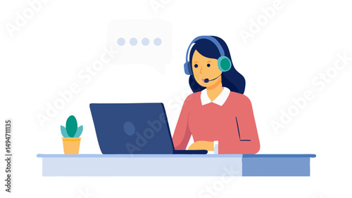 Woman hotline operator wearing headphones and microphone typing on laptop. Call center, customer service, assistance concept. Vector illustration. 