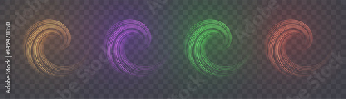 Glowing spiral energy traces on transparent background. Light effect for web design game interfaces and illustrations.