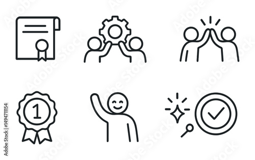 Teamwork and success icons set - outline, linear, achievement and collaboration symbols